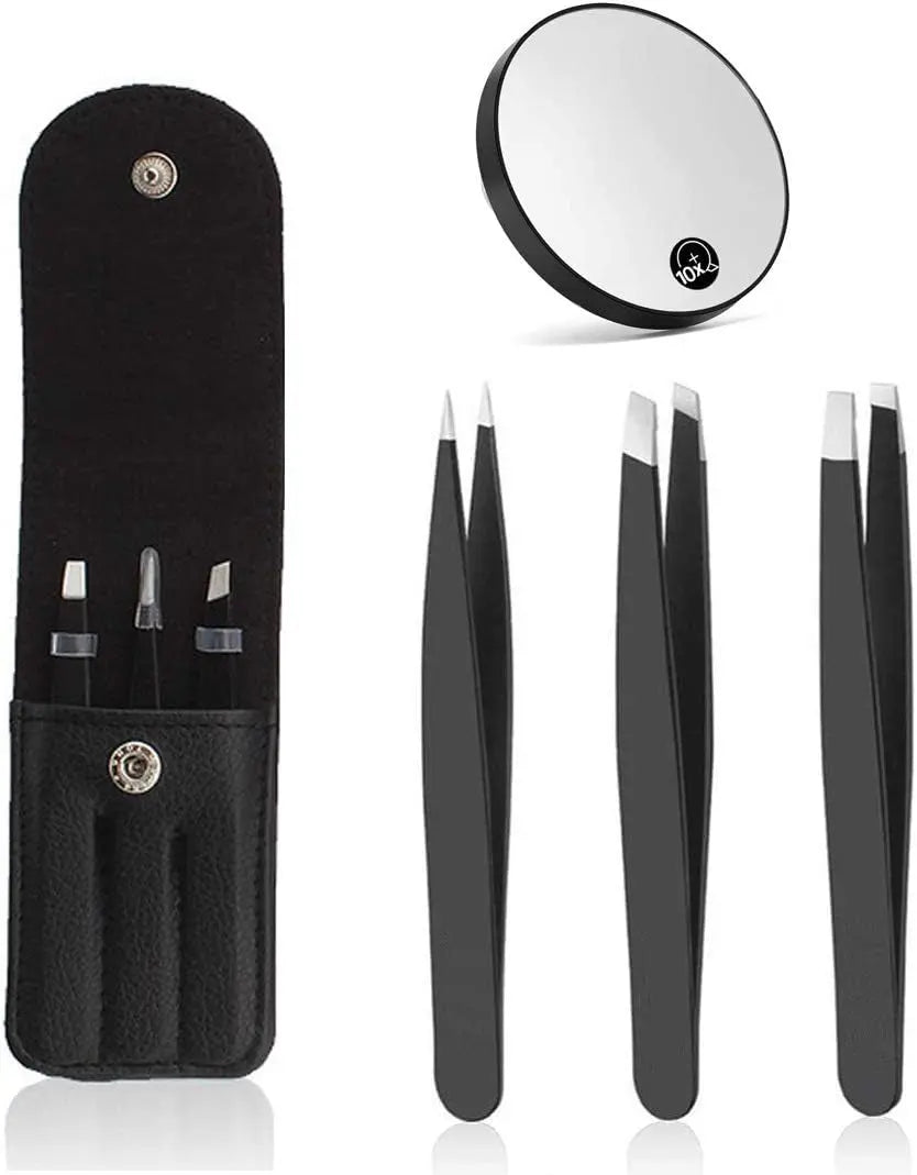 3Pcs Eyebrow Tweezers & 10X Magnification Mirror Set - Professional Stainless Steel Precision Plucking Tweezer for Eyebrows,Ingrown Hair,Facial Hair Remover,Beauty Tool for Women Men