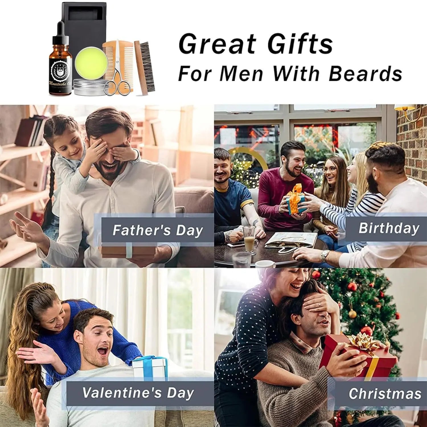 Beard Grooming Kit - Men'S Christmas Stocking Stuffer with Brush, Comb, Balm, Growth Oil, Scissors