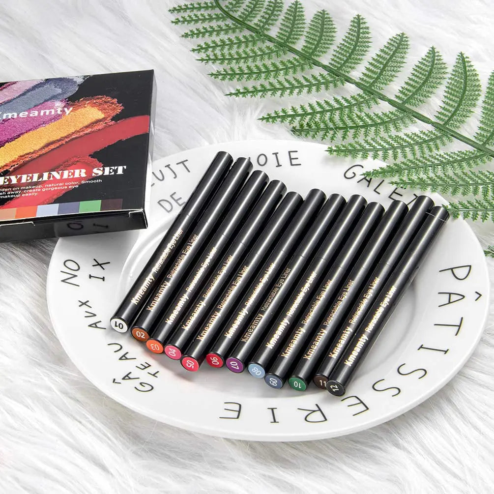 Gel Eye Liner Pencil Set, 12 Colors Retractable Long-Lasting Smooth Waterline Eye Liner Lip Liner Eyeshadow - Vegan, Cruelty Free