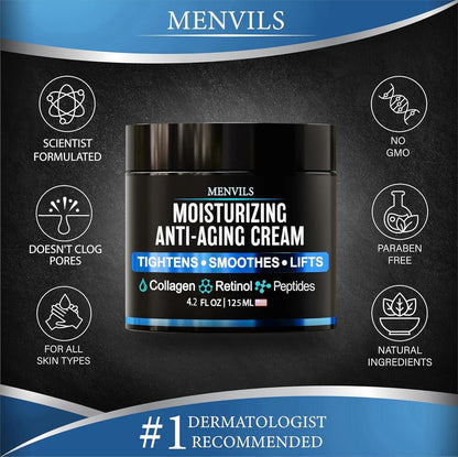 Mens Face Moisturizer Cream - anti Aging & Wrinkle Cream - Face Moisturizer for Men with Collagen, Retinol, Peptides, Jojoba Oil - Facial Skin Care Lotion - Day & Night - 4.2 OZ