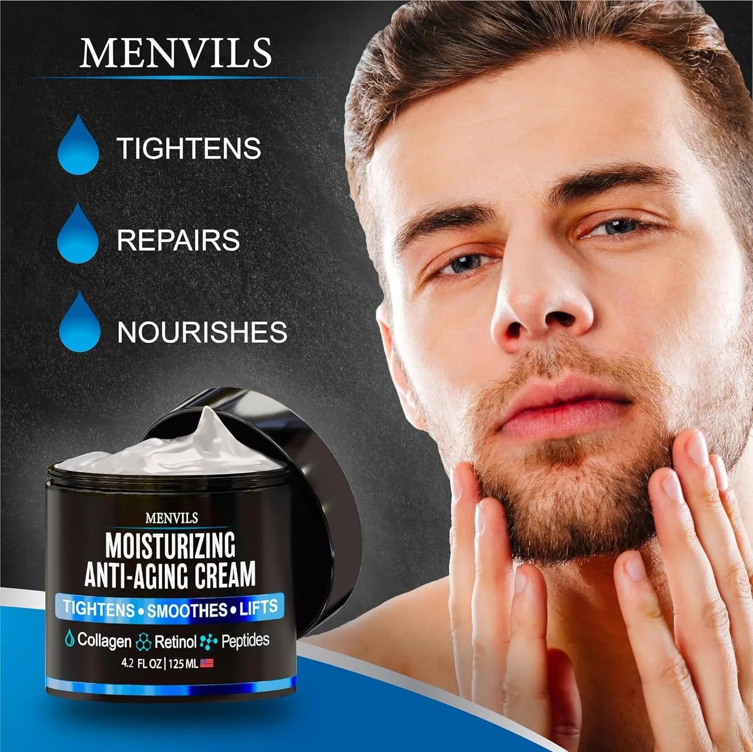 Mens Face Moisturizer Cream - anti Aging & Wrinkle Cream - Face Moisturizer for Men with Collagen, Retinol, Peptides, Jojoba Oil - Facial Skin Care Lotion - Day & Night - 4.2 OZ