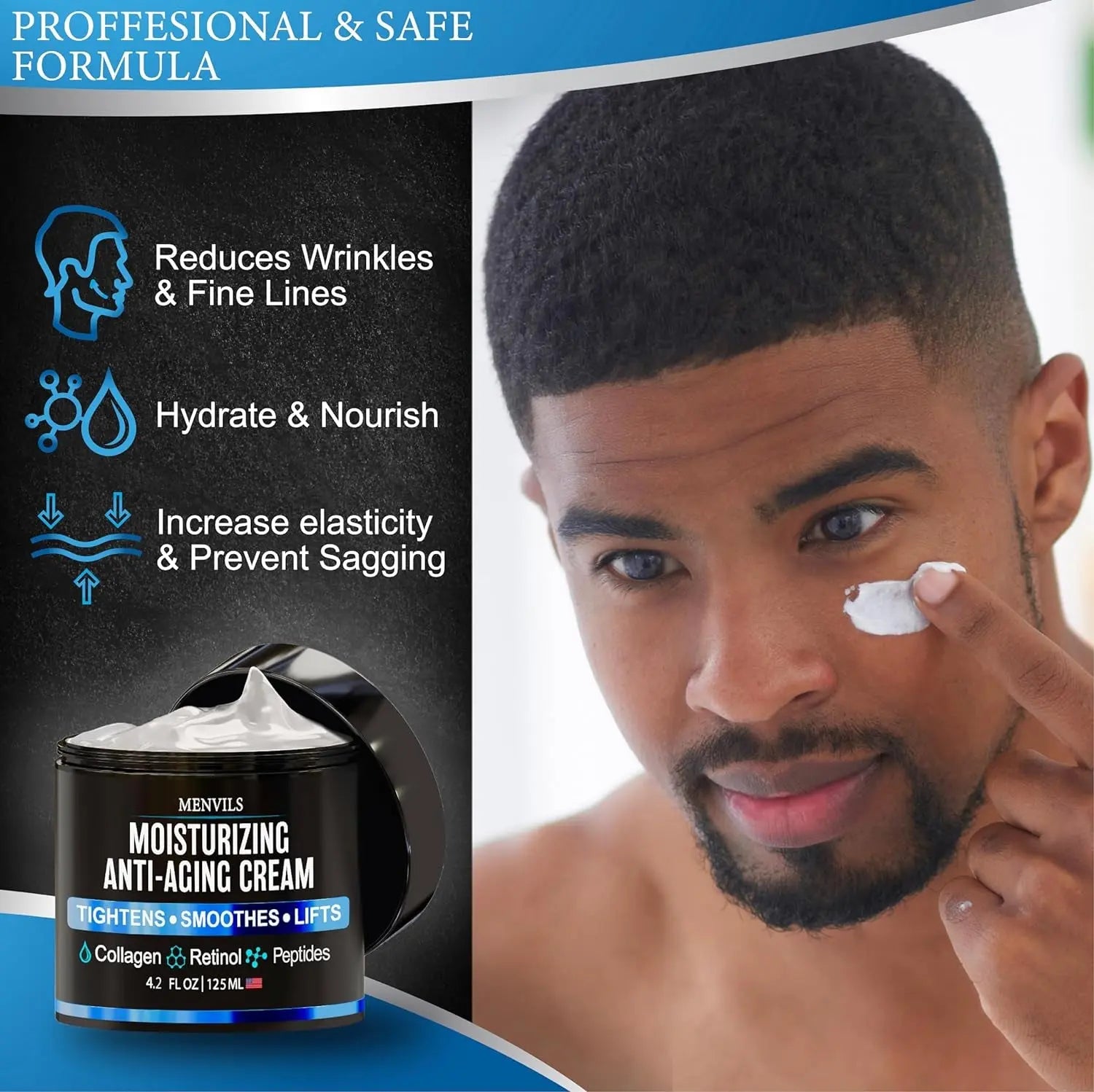 Mens Face Moisturizer Cream - anti Aging & Wrinkle Cream - Face Moisturizer for Men with Collagen, Retinol, Peptides, Jojoba Oil - Facial Skin Care Lotion - Day & Night - 4.2 OZ
