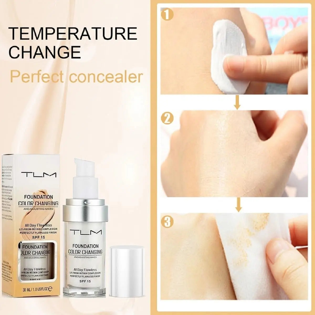 TLM Color Changing Foundation, Moisturizing Warm Skin Flawless Full Coverage Face Foundation Makeup for All Skin. (1Pcs)