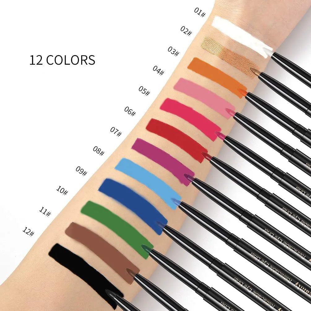 Gel Eye Liner Pencil Set, 12 Colors Retractable Long-Lasting Smooth Waterline Eye Liner Lip Liner Eyeshadow - Vegan, Cruelty Free