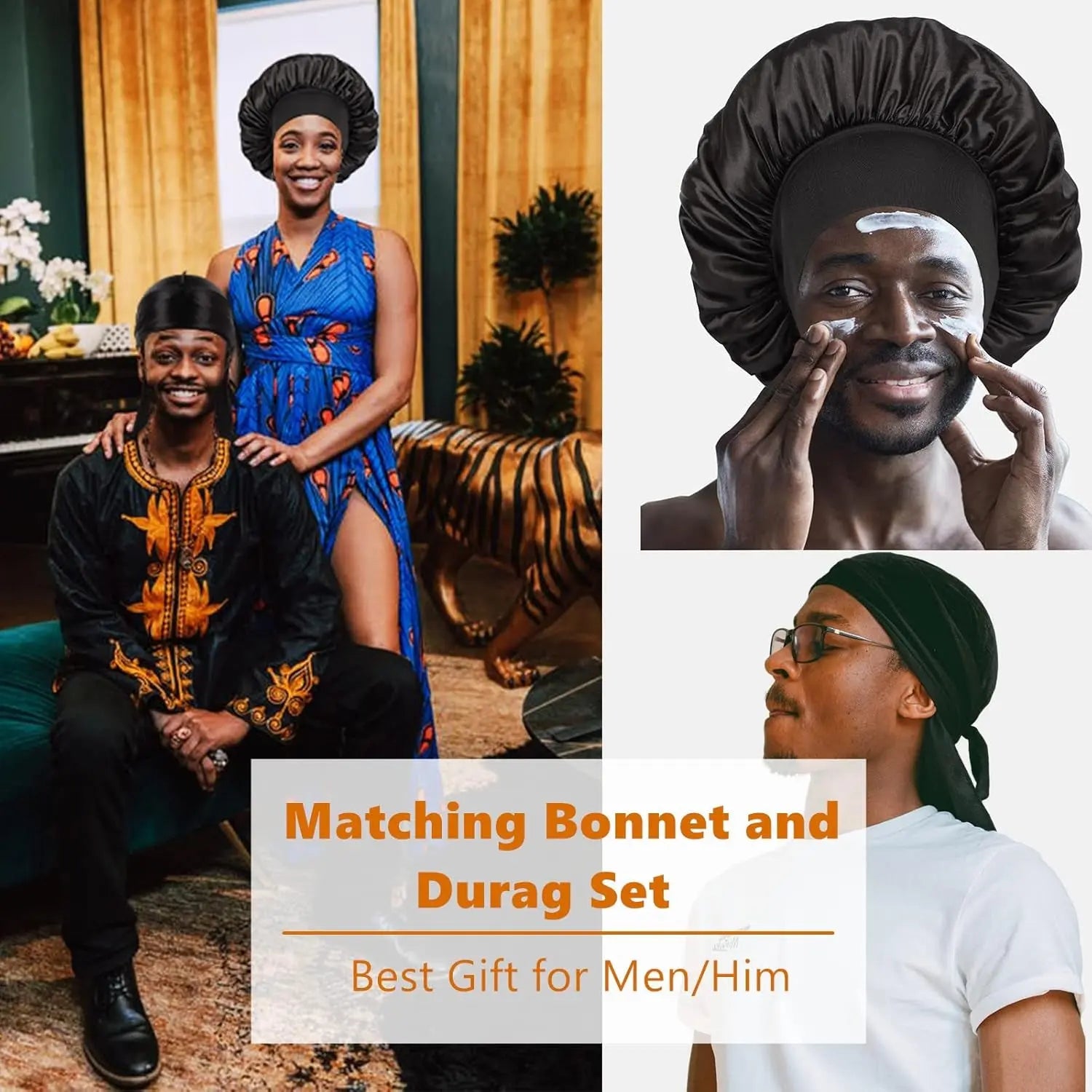Bonnet for Men,Silk Bonnet for Men for Sleeping,Matching Durag and Bonnets Set for Couples,Mens Bonnet for Curly Hair,Braids,Pack A